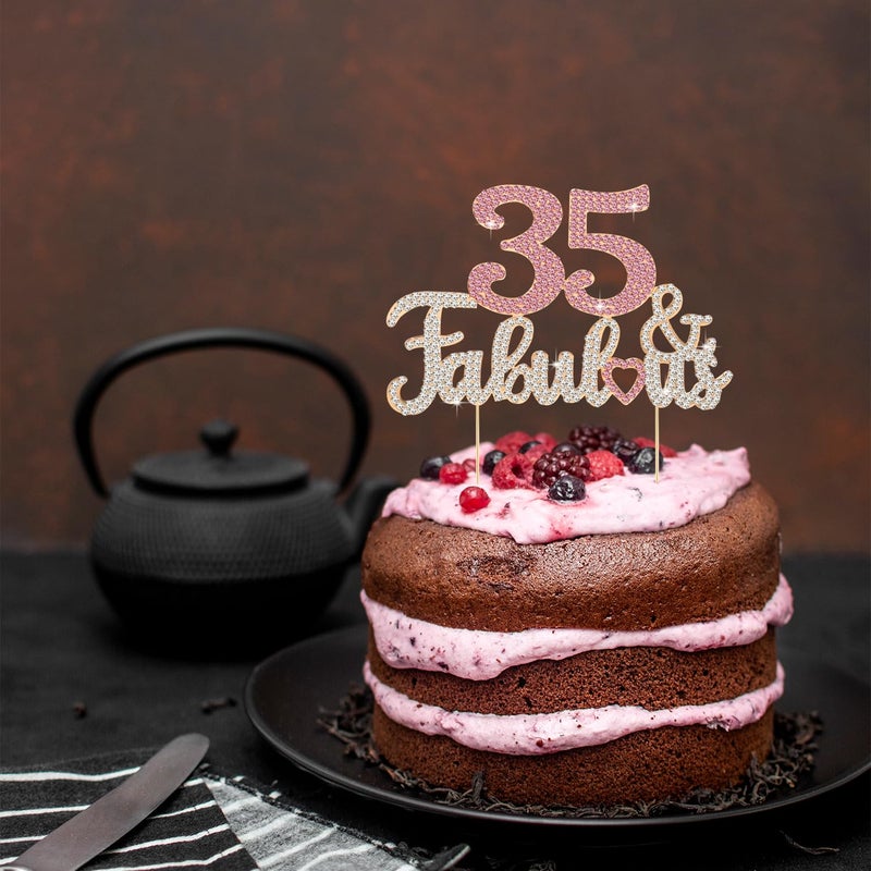 LASKYER 35 & Fabulous Gold & Pink Rhinestone Cake Topper - Happy 35th Birthday Cheers to 35 Years Old Bday Party Metal Sparkly Food Centerpieces Topper Decorations Keepsake. - Image 5
